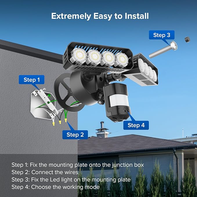 SANSI 7000LM Brightness Motion Sensor Outdoor Lights, 54W 5000K IP65 Waterproof LED Flood Light Outdoor, 700W Equiv Dusk to Dawn Security Lights Adjustable 2 Head 8 Lights for Yard Garage, Hardwired