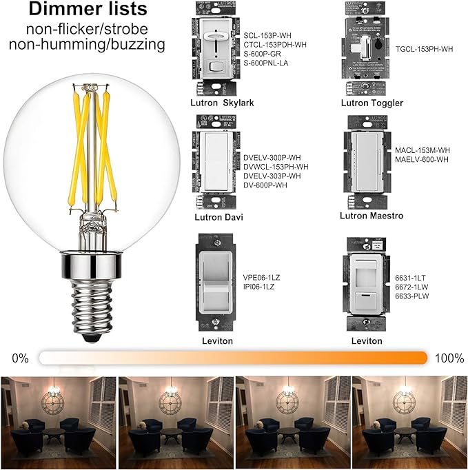 LiteHistory Dimmable e12 led Bulb g16.5 led Light Bulbs g16 Candelabra Bulbs 4W=40W Edison Bulb Daylight 5000K 400lm ac120v g50 Globe Light Bulbs for Chandelier,Vanity,Ceiling Fan Light Bulbs 6Pack