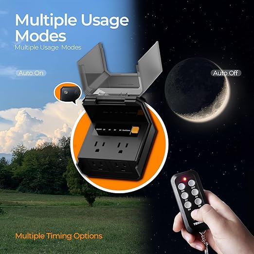 Outdoor Light Timer with Remote, TESSAN Timer Plug with 4 Outlets 100ft, Dusk to Down Countdown Sensor with Weatherproof Cover for Home, Garden