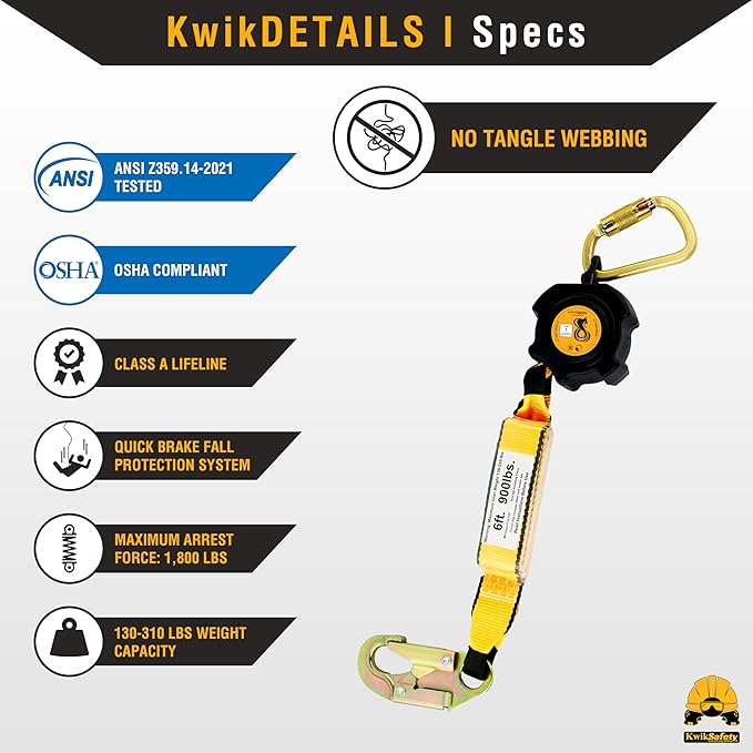 KwikSafety - 10' Cobra Web Self-Retracting Lifeline [NO Tangle Web] Class 1 Retractable Safety Lanyard SRL ANSI OSHA Fall Gear
