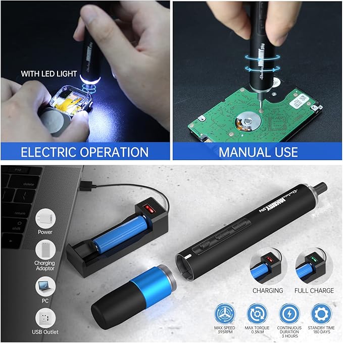 JAKEMY Electric Screwdriver, Precision Magnetic Screwdriver Bit Set(40 Bits), Dual-Mode Rechargeable Mini Cordless Power Screwdriver Repair Tool Kit with LED for Electronics Laptop Phone Watch Toy