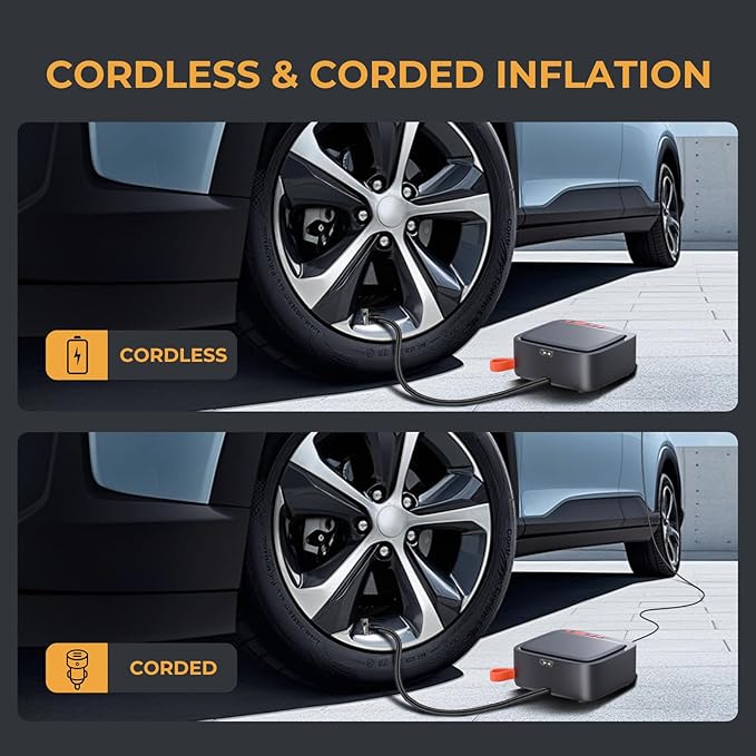 AP22 Dual Power Tire Inflator, 150 PSI Portable Air Compressor with 6 Min Inflation & 1 Min Top Off, Auto Shut Off, Cordless Digital Air Pump for Car, Bike, Motorcycle, Ball, Inflatables