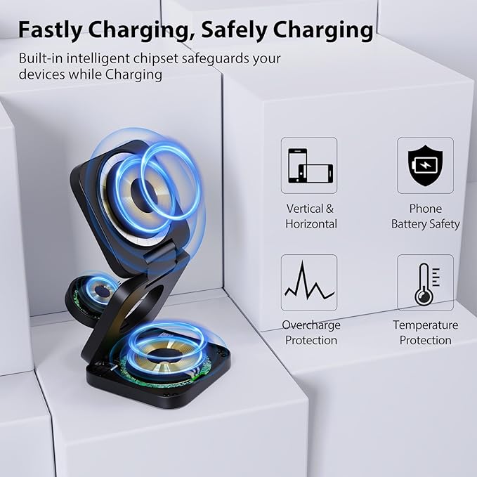 Fast Wireless Charger, Magnetic Foldable 3 in 1 Charging Station for iPhone 16/15/14/13/12/Pro/Plus/Pro Max, 5W Portable Charger for Apple Watch10/9/8/7/6/5/4/3/SE, for Airpods3/2/Pro-Black
