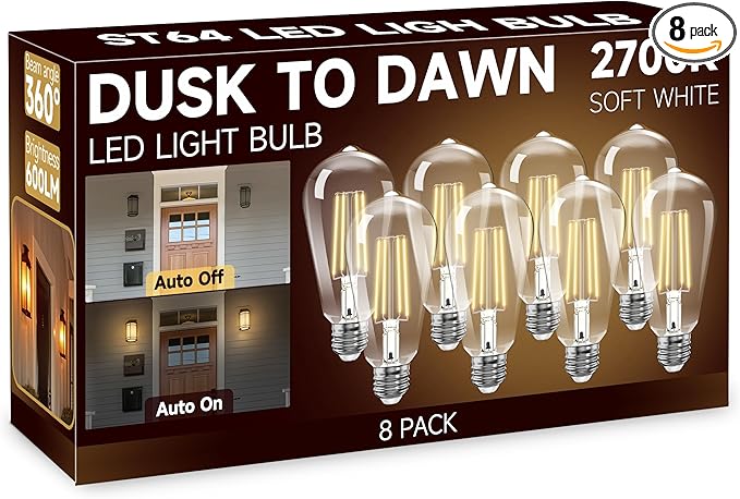 Dusk to Dawn Light Bulbs, Outdoor Light Bulbs, ST64 6W Equivalent 60W, 2700K Soft White, 600LM LED Outdoor Lighting, E26 Base, Photocell Sensor, Auto On/Off Bulb for Porch Patio Garage, 8 Pack