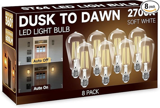 Dusk to Dawn Light Bulbs, Outdoor Light Bulbs, ST64 6W Equivalent 60W, 2700K Soft White, 600LM LED Outdoor Lighting, E26 Base, Photocell Sensor, Auto On/Off Bulb for Porch Patio Garage, 8 Pack