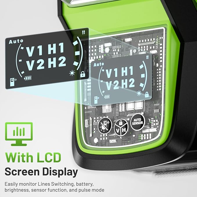 Huepar Laser Level 360 Self Leveling, 1/13 High Accuracy, 4D Green Laser Line Level with LCD Screen & Pulse Mode & Adjust Laser Brightness 4x360 Cross Line Laser -Magnetic Base, Hard Carry Case HX04CG