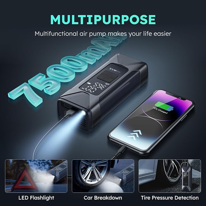 T10 Tire Inflator Portable Air Compressor - 160 PSI Portable Tire Pump with 7500mAh Battery - Cordless Air Pump with Pressure Gauge and Auto Shut-Off Function for Car, Motorcycle, Bike, Ball