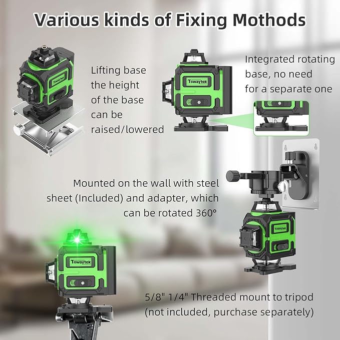 4D Green Laser Level 4 * 360 self-leveling with high brightness cross line three levels adjustable light with 2 * 2400mAh Rechargeable Battery & Hard Carry Case& adjustable metal base mount