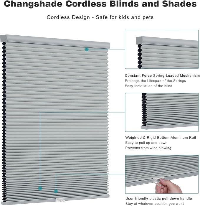 Changshade Custom Cordless Cellular Shades, Blackout Honeycomb Shades for Windows, Pull Down Pleated Blinds, Easy to Install for Indoor Windows and French Doors, Grey