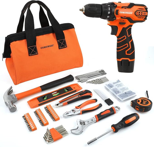 COMOWARE Home Tool Kit with 12V Cordless Power Drill, 169PCS Household Tool Set, Orange Storage Bag for DIY Home Repair & Maintenance