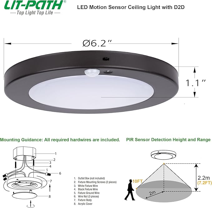 LIT-PaTH LED Flush Mount Ceiling Light, Closet Lighting Fixture with Motion Sensor and Dusk to Dawn, 10.5W, 800 Lumen, 6.2 Inch, Anti-Rust Galvanized Housing, Bronze Finish 3000K 1-Pack