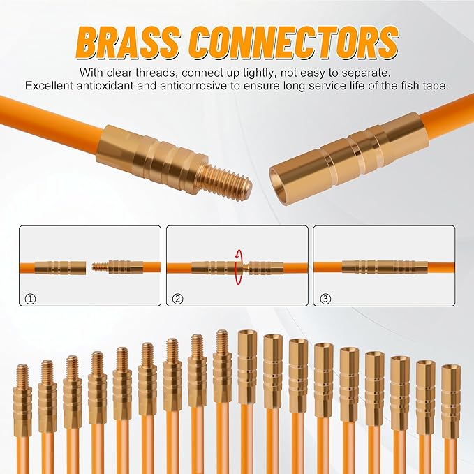 KOOTANS 22FT Fiberglass Electrical Wire Running Kit Wire Fishing Tools Fish Tape Wire Puller Through Wall Cable Snake Fish Rods Kit with Different Attachments