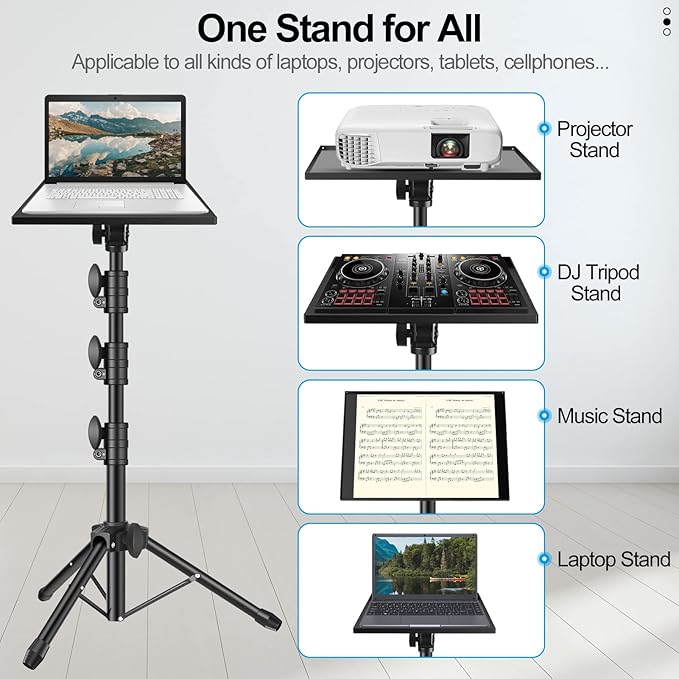 Projector Stand Tripod, Portable Laptop Floor Mount Adjustable Height 26 to 52 Inch with Gooseneck Phone Holder for Outdoor Movies-Detachable Computer DJ Racks