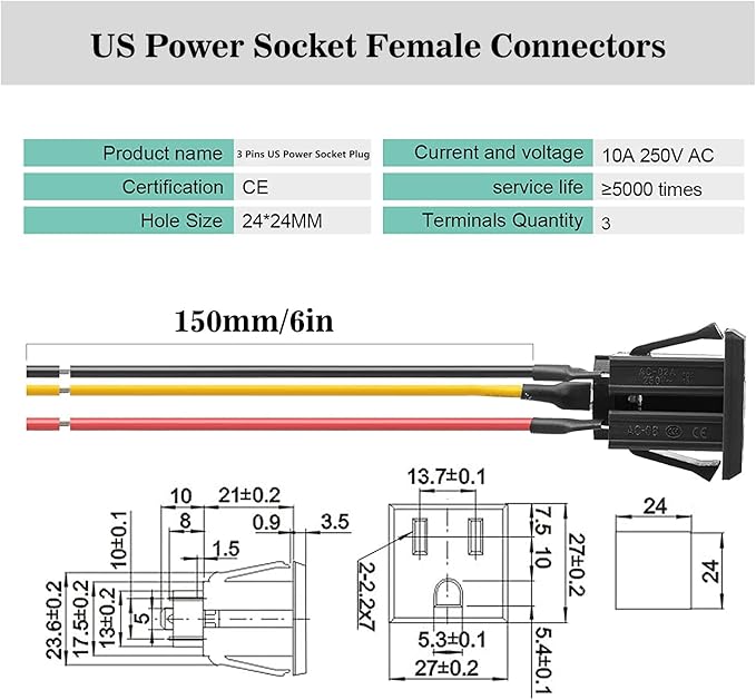 Pre-Wired 3 Pins US Power Socket Plug Panel with 18AWG Connection Line,15A 125V Panel Mount Outlet Plug Female Connectors Adapter