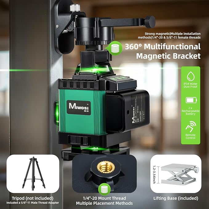Laser Level, Miwosi 360 Self Leveling, 16-Line 4D Green Beam Cross Line, 4x360° Lazer Leveler Tool for Floor Tile, Construction Project Renovation & Picture Hanging
