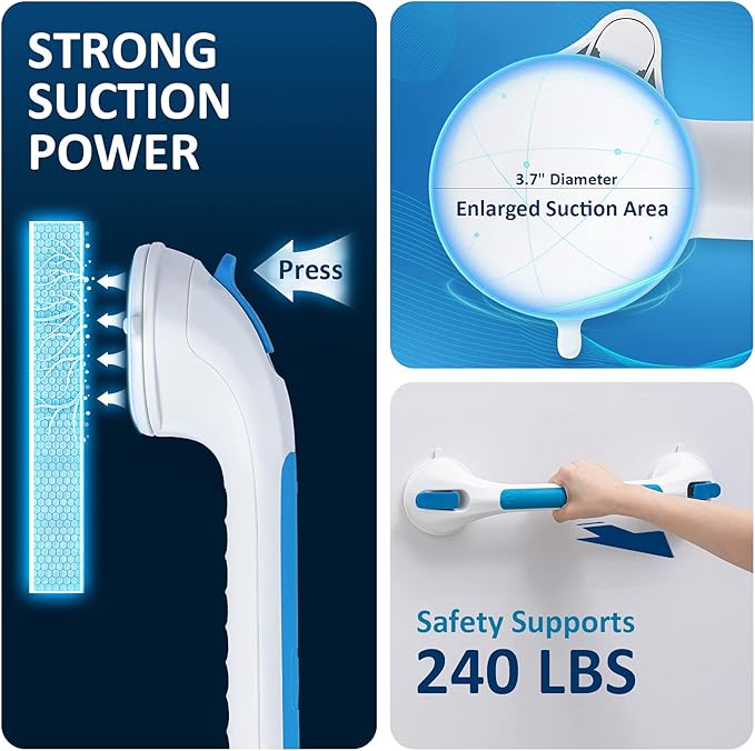 LEVERLOC Grab Bar for Seniors, 17 Inch 2 Pack Suction Grab Bars for Bathtubs and Showers, Shower Handles for Elderly Suction Bathroom Safety Grip,Removable Drill Free Waterproof, Blue