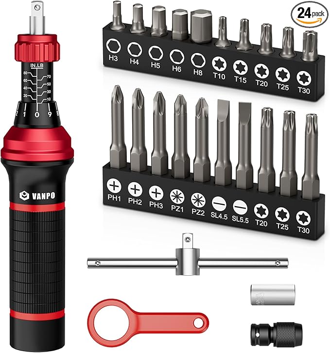 Torque Screwdriver, 24Pcs 10-80 In-lb Torque Wrench Screwdriver Set with Hex, Torx, Phillips, Pozidriv, Schlitz, Bits Adapter, T- Bar Handle, Precision Tool for Bike, Scope Mounting
