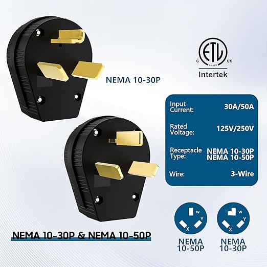 NEMA 10-30/50P Straight Blade Angle Plug 2Pack, AC Dryer Replacement Male Angle Plug, Non-Grounding Heavy Duty Universal Power Male Connector for Dryers 30/50Amp,125/250Volt-with 1 Screwdriver