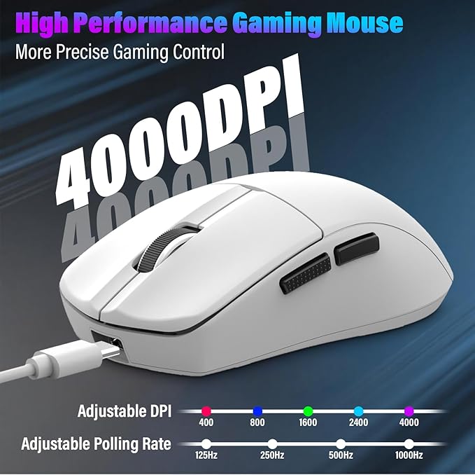 XuanGui Wireless Gaming Mouse,2.4G/BT/USB-C Wired,5-Level DPI 4000 Max,50g Lightweight,1000Hz Polling Rate,Macro Program,Side Buttons,44-Hour Battery Life,For Laptop/PC/Computer/Mac/Tablet (White-2)