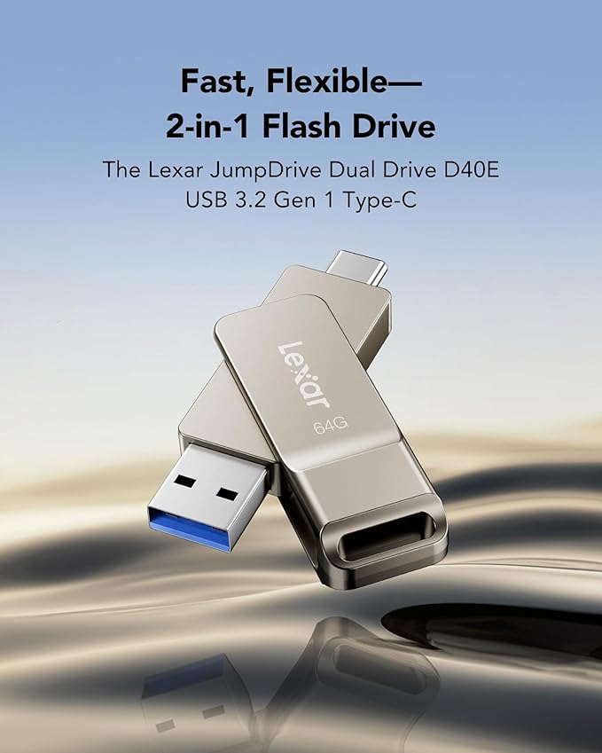 Lexar D40E 64GB Dual USB 3.2 Gen 1 Type-C Jump Drive, USB-C Flash Metal Housing Swivel Design Thumb Drive
