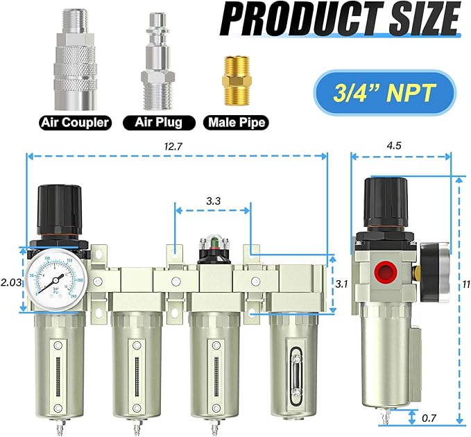 4 Stage Air Drying System 3/4" NPT Heavy Duty Industrial Grade,Coalescing Filter,Double Particulate Filter,Desiccant Dryer and Air Regulator For Plasma Cutter and Paint Spray, Manual Drain
