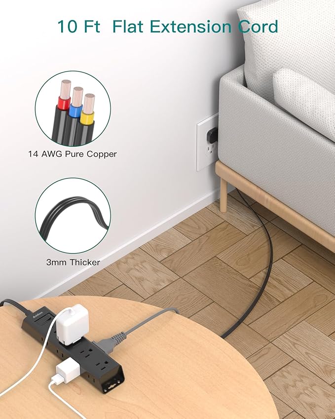 10 FT Extension Cord - Long Power Strip Surge Protector, Flat Plug, 12 Widely Outlets 3 Sides Outlet Extender, 900J, Wall Mount, Desk Charging Station Compact for Home Office Dorm Room Essentials