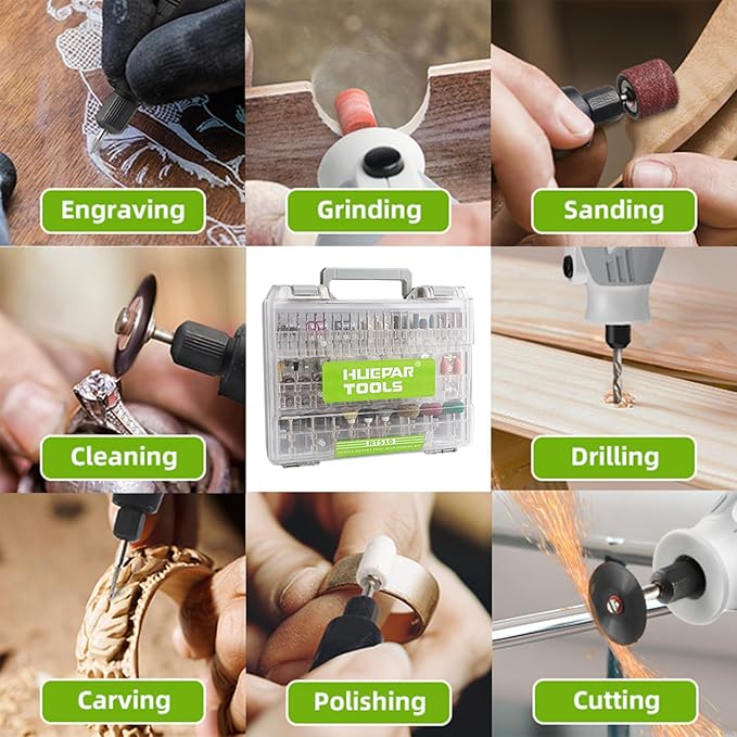 Huepar Tools 510-Piece Rotary Tool Accessories Kit, 1/8 inch (3.2mm) Diameter Shanks, Universal Accessories Bits for Easy Cutting, Sanding, Grinding, Carving, Polishing, Drilling and Engraving