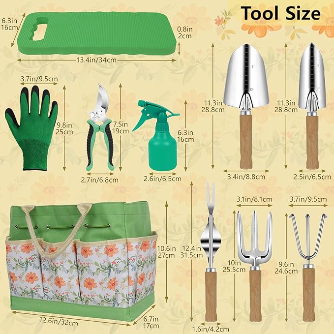 LeMotech Gardening Tools, 10-Piece Heavy Duty Garden Hand Tools Set with Wooden Handle, Durable Fashion Organizer Bag for Garden Supplies, Gardening Gifts for Women Grandmother, Yellow Floral Pattern