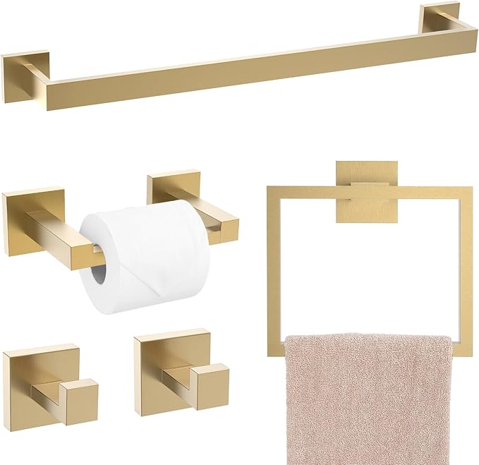 TQKAG Brushed Gold Bathroom Hardware Accessories Set 5 Pieces, Double Post Pivoting Toilet Paper Holder Set Stainless Steel Square Bathroom Towel Bar Holder Set Wall Mounted