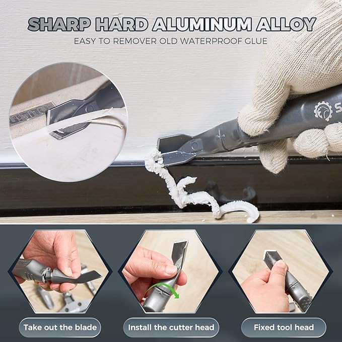 Saker 4 in 1 Caulking Tool Kit-Aluminum Sealant Finishing Tool Grout Remove Scraper Caulk Remover Glass Glue Angle Scraper for Bathroom,Kitchen,Floor,Window,Sink Joint,Frames Seal