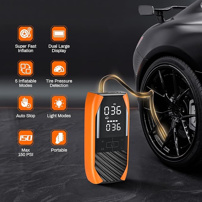 K1 Tire Inflator Portable Air Compressor,4X Faster 20000mAh Cordless Air Pump with Pressure Gauge,150 PSI Wireless Car Tire Inflator, Portable Air Pump for Car Tires, Bikes, Motorcycles,Balls