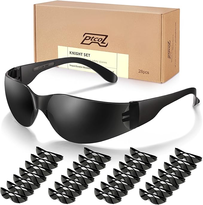 28 Pack Safety Glasses (Bulk Pack of 24+4) Unisex Black Tinted Anti-Scratch Protective Goggles Impact Resistant Lens Eyewear with ANSI Z87.1 Certified Perfect for Construction, Shooting and Laboratory