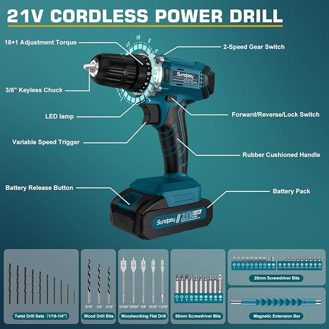 Tool Kit with 21V Cordless Drill - Sundpey 255-PCs Portable Complete General Basic Home and Auto Repair Tool Set with Drawer for Handyman & Diyer & Homeowner - Power Drill with 2 x 2.0Ah Batteries