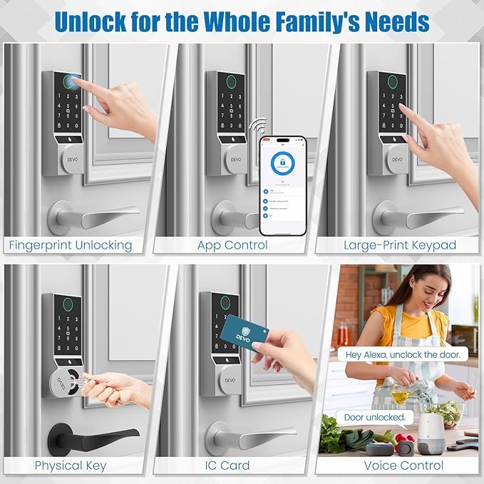 DEVO G3 Smart Lock,Fingerprint Door Lock, WiFi Smart Deadbolt, Keyless Entry Door Lock with Doorbell, APP Remote, Auto-Locks, Easy Install Front Door Locks, IP54 Waterproof(Sliver)