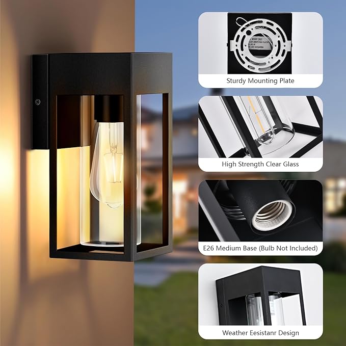 2-Pack Outdoor Wall Light Fixtures, Exterior Waterproof Lanterns, Porch Sconces Wall Mounted Lighting with E26 Sockets & Glass Shades, Modern Matte Black Wall Lamps for Patio Front Door Entryway