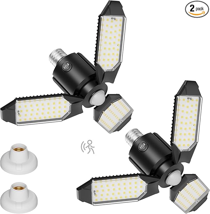 Motion Sensor Garage Lights 8000LM, Deformable Motion Activated LED Garage Ceiling Light Bulbs, 3 Modes & 360° Detection, Sensor Lights Bulb Indoor for Workshop/Barn 2-Pack