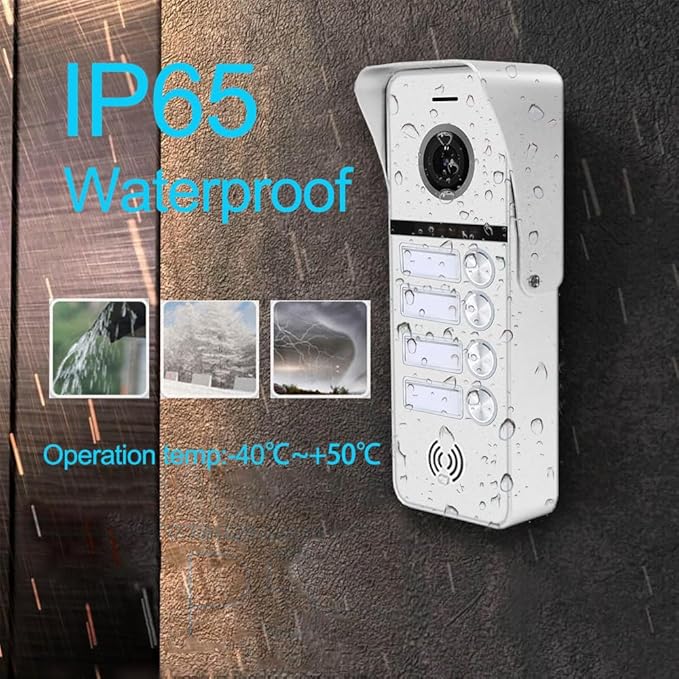 Wired Apartment Video Doorbell System 4 Units 7 Inch Touch Monitor Video Doorbell System,Wireless Video Door Phone Kit, Indoor Outdoor Support Monitoring,Unlocking,Dual Way Intercom for Home Vally