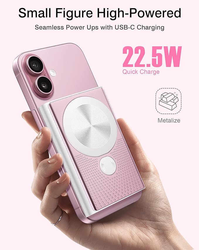 Kesguar Magnetic Portable Charger, 10000mAh 22.5W PD Super Fast Charging Wireless Power Bank. Ultra-Strong Magnet, USB C in&Out Battery Pack for Magsafe, iPhone 17/16/15/13/12 Pro Series, Pink
