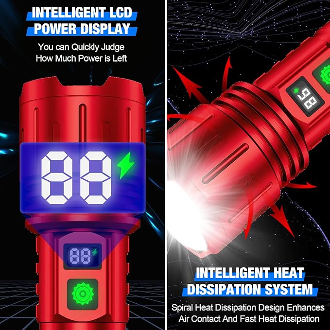 Flashlights High Lumens Rechargeable, Super Bright LED Powerful Flashlight, Type-C, 5 Modes, Zoomable, IPX5 Waterproof High Powered Tactical Flash Light for Emergency Camping,Red