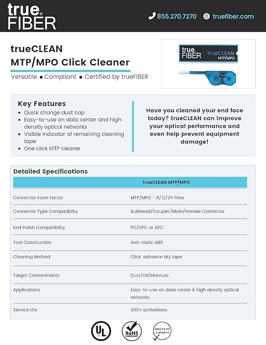 TRUE CABLE Fiber Optic Pen Click Cleaner, Dual Position, MTP/MPO, 500+ Cleans, PC/UPC/APC Connector Ferrules, 8/12/24 Fiber Pinned/Unpinned (Male/Female), 5 Pack