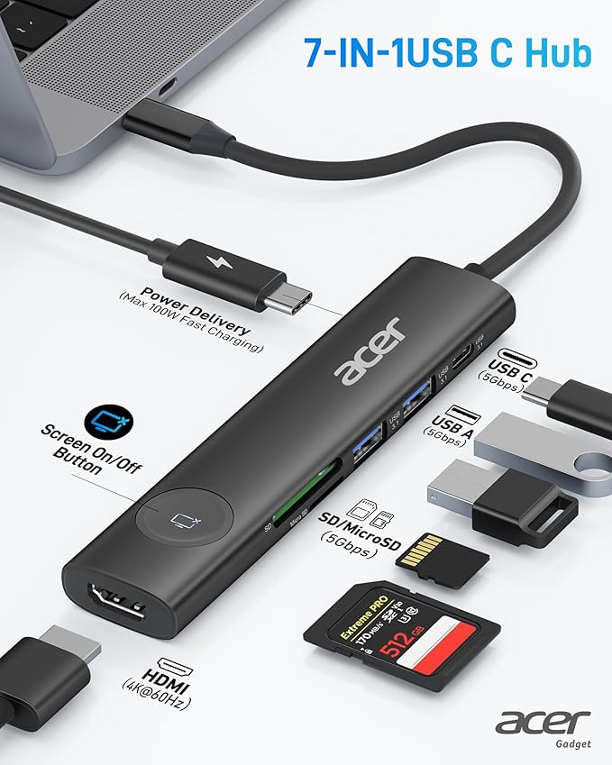 Acer USB C HUB Multiport Adapter, 7 in 1 USB-C to HDMI Adapter with 4K@60Hz, 100W PD, 5Gbps 2*USB-A 3.1, 1*Type-C 3.1, SD Card Reader Type C Dongle for iPhone 16/15, MacBook Pro/air, iPad, Acer(Black)