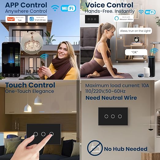 Smart Light Switch 3 Way Need Neutral Wire,FCC Certified,2.4GHz WiFi Switch Glass Panel APP Control Timer Work with Tuya/Smart Life,Alexa and Google Home,Black 3 Gang