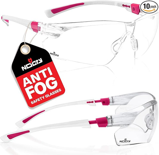 NoCry Safety Glasses with Clear Anti Fog Scratch Resistant Wrap-Around Lenses and No-Slip Grips, UV Protection. Adjustable, White & Pink Frames (10 pack)