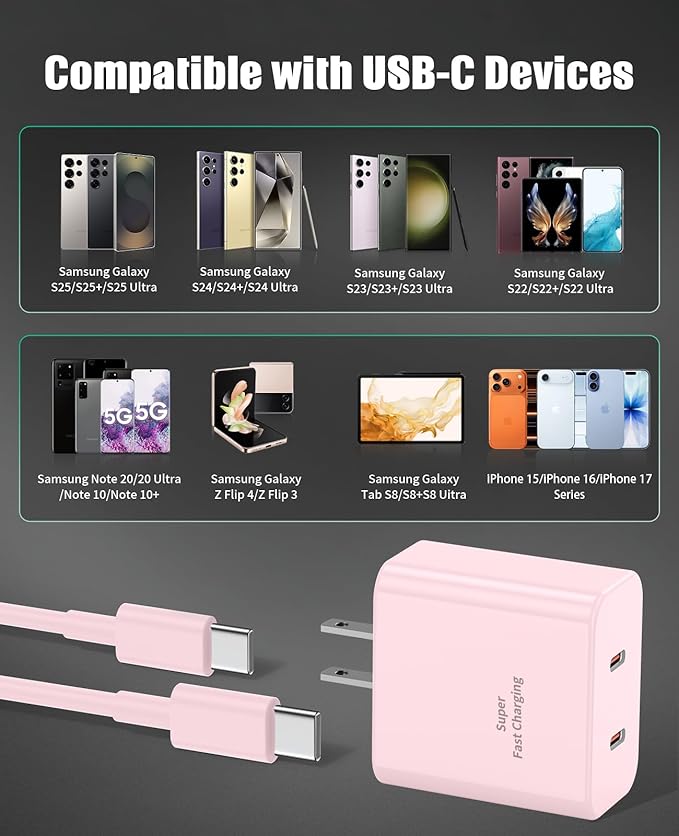 2 Pack 45W Super Fast Charger Type C for Samsung, USB C Android Phone Charger Fast Charging Block with 6FT/10FT Type C Charger Cord for Samsung Galaxy S25/S24/S23/S22+ Ultra/iPhone 17/16/15-Pink