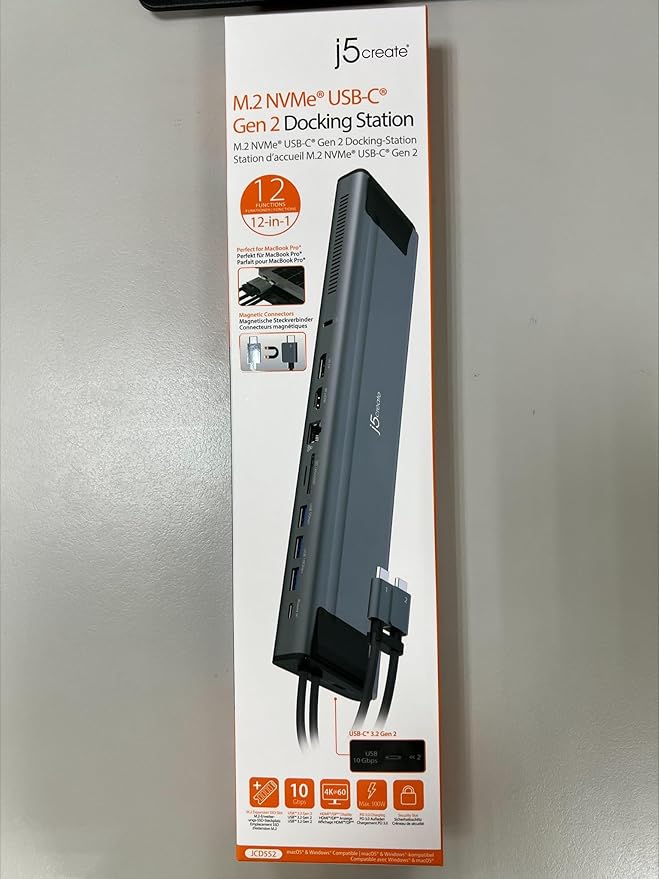 j5create USB C Dual 4K 60Hz Display Docking Station (12-in-1), Built-in M.2 SSD Slot, HDMI, DisplayPort, 10Gbps USB-A, Card Reader, PD 100W, Ethernet, for 2021 MacBook Pro (JCD552)