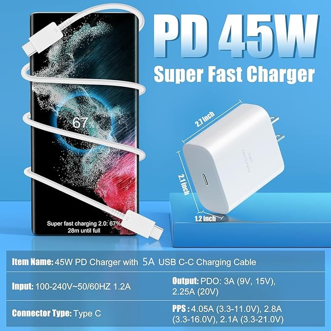 45W Samsung Fast Charger USB C Samsung Charger Fast Charging Cord 6FT Type C Charger for Galaxy S25/S25+/S24/S24+/S23/S23+/S22/S21/S20/Plus/Ultra/FE/A16/A15/A56/A55/Note 20/10/Z Fold/Z Flip/Galaxy Tab