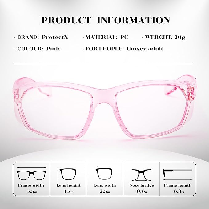 ProtectX Stylish Anti-Fog & Scratch-Resistant Safety Glasses, UV Protection Goggles, Anti-Impact Lightweight Glasses for Men＆Women Pink Clear - 2 Pack