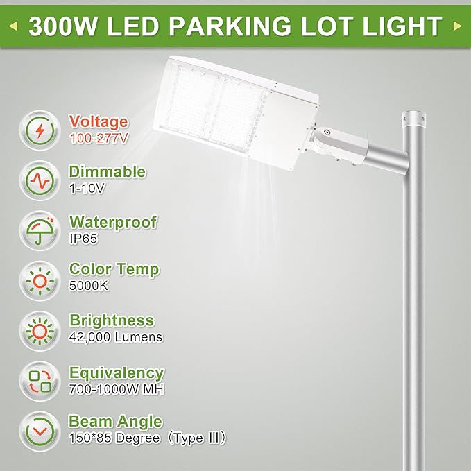 LED Flying Direct White LED Parking Lot Light, 300W Dimmable LED Shoebox Pole Area Light, Surge Protector Included 100-277VAC Slip Fitter Mount 1000WMH Equiv