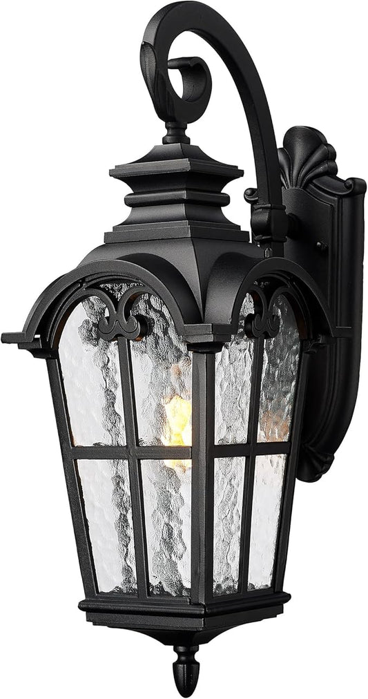 Emliviar Farmhouse 25 Inch Outdoor Wall Lantern Sconce, 1-Light Large Patio Wall Light Fixture with Water Grain Glass, Black Finish, WE215BM BK