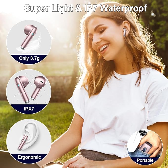 Wireless Earbuds Bluetooth 5.4 with 4 ENC Microphones, 30H Playtime USB-C Charging Case, Hi-Fi Stereo Sound, IP7 Waterproof & Ultra-Mini 3g Design for iPhone Android Gym Running, 2025 Upgraded